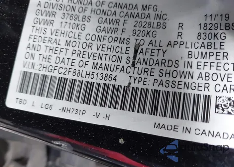 2020 Honda Civic Sport из США, поврежденный, VIN 2HGFC2F88LH513864